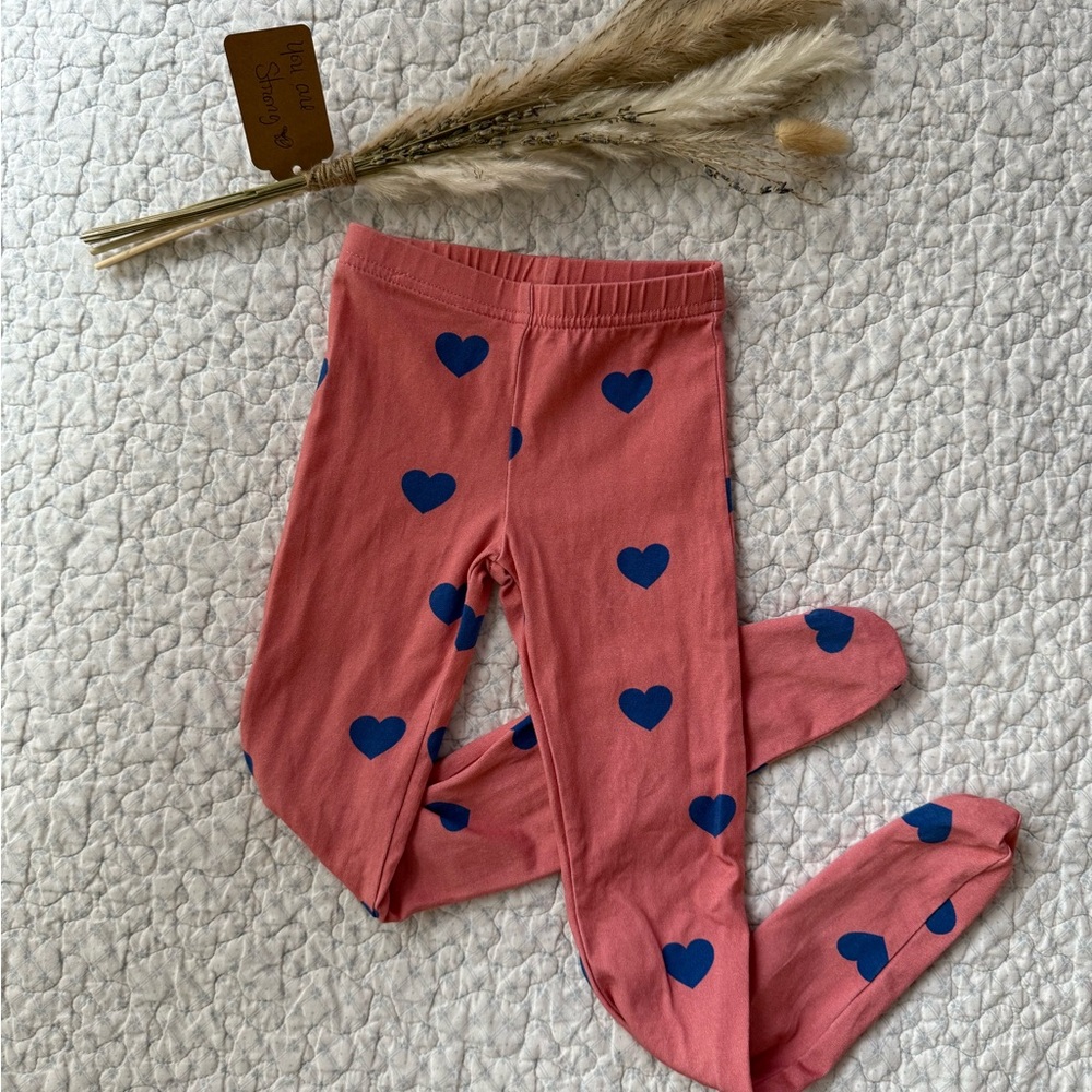 Banana Valentine Pink Leggings with Blue Heart Pattern